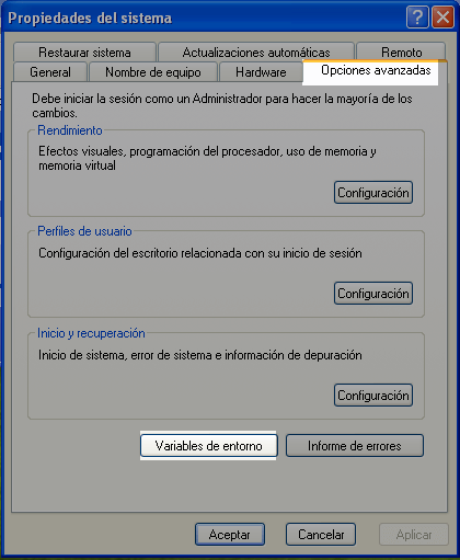 Opciones avanzadas > Variables de entorno Opciones avanzadas > Variables de entorno